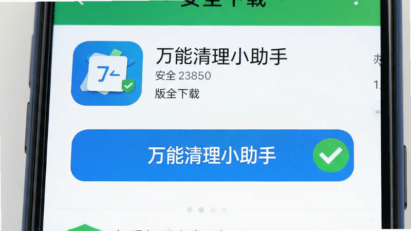 主体为手机下载页面截图,显示“万能清理小助手”的下载按钮和版本号,布局清晰,风格为电商详情页风格,细节处有绿色对勾表示安全无毒,画质高清,干净,无多余元素,文字显示“安全下载”