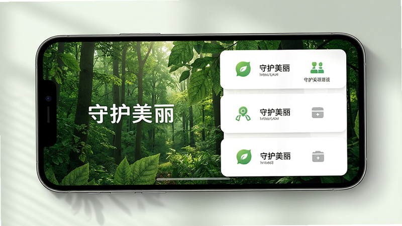 主体为智能手机屏幕显示《守护美丽》APP首页,布局采用左右分栏,左侧为绿色森林背景图,右侧为白色卡片式功能入口,排版整洁有序,风格清新自然,细节包含树叶纹理与柔和阴影,画质高清,干净,无多余元素