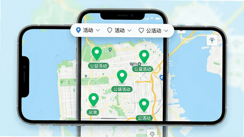 主体为手机地图界面,显示多个绿色定位点代表公益活动,布局为全屏地图视图,上方悬浮筛选栏,排版现代简约,风格明亮活力,细节包含定位图标与活动标签,画质高清,干净,无多余元素