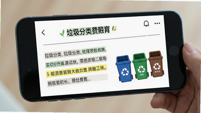 主体为手机阅读界面,显示一篇关于“垃圾分类”的文章,布局为左侧文字右侧配图,排版舒适易读,风格教育科普风,细节包含段落分隔线与重点高亮,画质清晰,干净,无多余元素