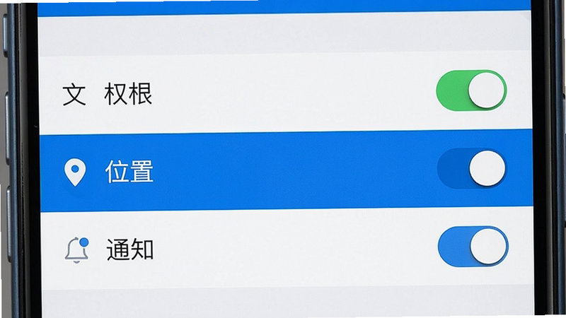 主体为手机设置界面,显示权限管理页面,布局为列表式,高亮显示“位置”与“通知”选项,排版简洁,风格系统原生风,细节包含开关状态指示器,画质清晰,干净,无多余元素