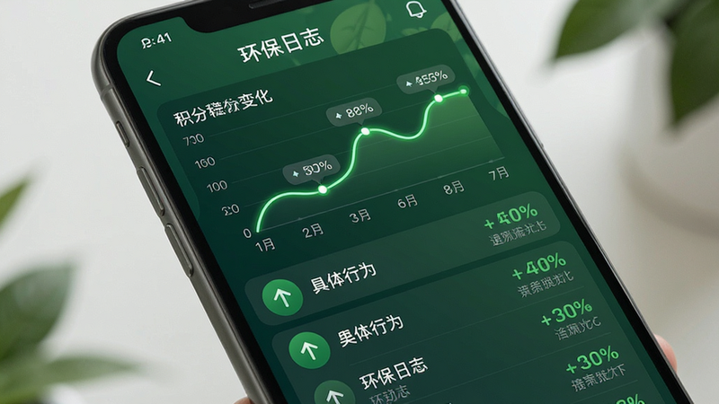 主体为手机界面展示“环保日志”页面,布局为上下结构,上方是折线图展示积分变化,下方是具体行为列表,排版清晰,风格科技感与自然风结合,细节包含绿色箭头图标与数据标签,画质清晰,干净,无多余元素