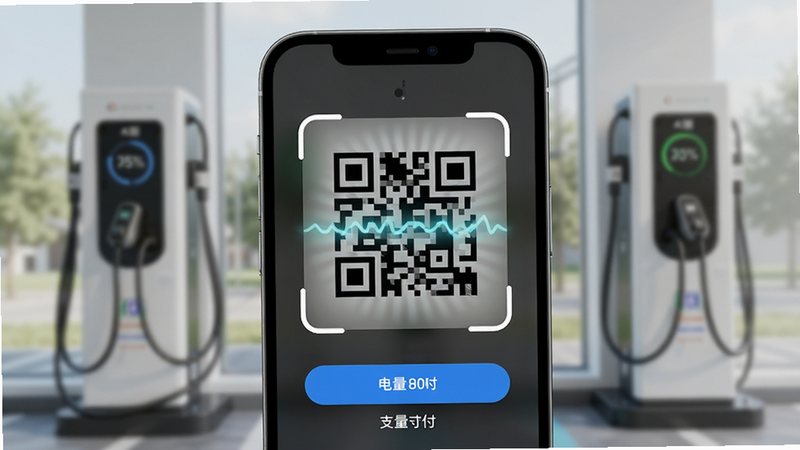 主体为手机屏幕特写,显示一个巨大的二维码扫描框,背景模糊显示充电站场景,布局居中突出,排版简洁,风格现代,细节包括扫描动画效果、支付按钮、电量百分比显示,画质细腻,干净无干扰元素