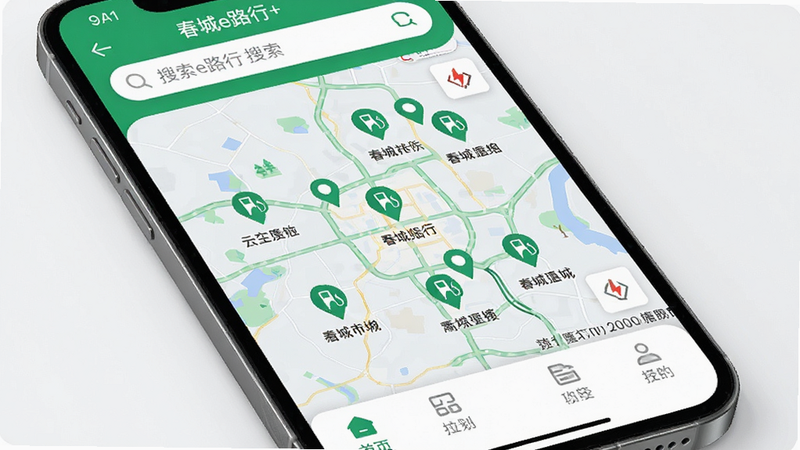 主体为智能手机屏幕特写,显示“春城e路行+”APP界面,布局清晰,顶部为搜索栏,中部为地图视图标记多个充换电站点,底部为功能导航栏,风格现代简约,细节包括清晰的图标、绿色的主题色调、流畅的线条,画质高清,干净无多余元素