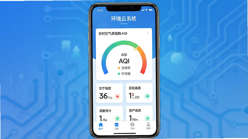 主体为环境云系统App手机界面预览图,布局采用居中对称设计,顶部显示“环境云系统”标题,中间展示实时空气质量指数AQI仪表盘,底部为功能导航栏,风格为扁平化科技风,细节包含蓝色渐变背景与白色卡片式数据块,画质高清干净,无多余元素,文字清晰可见