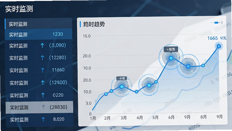 主体为环境监测数据可视化图表,布局呈现左右分栏,左侧为实时数值列表,右侧为趋势折线图,风格为极简商务风,细节强调数据点的脉冲动画效果示意,色调以科技蓝与浅灰为主,画质清晰,无杂乱背景,文字标签“实时监测”清晰