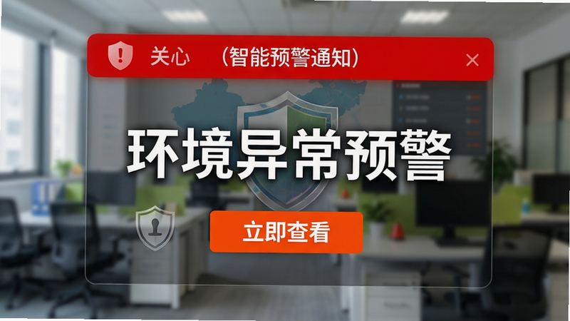主体为智能预警通知界面,布局为屏幕顶部弹出红色警示横幅,中间显示“环境异常预警”大字,背景为模糊的办公室场景,风格为警示与关怀结合,细节包含盾牌保护图标,色调对比强烈以突出紧急性,画质清晰,无多余装饰,文字“立即查看”按钮明显