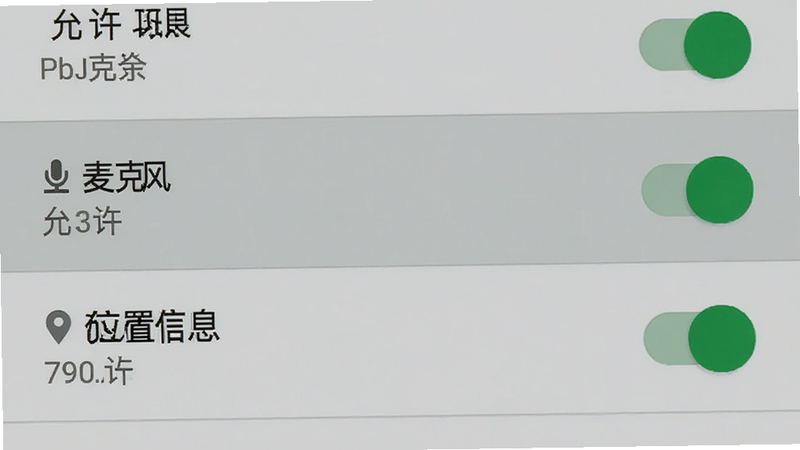 主体为安卓手机设置权限界面,布局为列表形式,高亮显示“麦克风”和“位置信息”权限开关,风格为系统原生UI风格,细节包含绿色开启状态的开关按钮,背景为浅灰色设置菜单,画质清晰,无多余弹窗,文字“允许”清晰可见