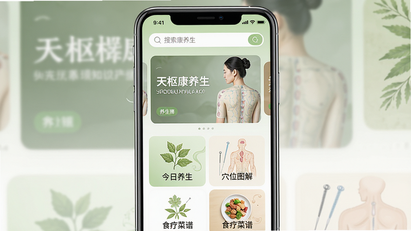 һ�Ÿ����ֻ�Ӧ�ý���Ԥ��ͼ�����������࿵����APP��ҳ������Ϊ�������������м����ֲ�ͼչʾ����֪ʶ��Ƭ���·�������״������ڰ�������������������Ѩλͼ�⡱����ʳ�Ʋ��ס����Ű��������򣬷��������Ȼ�����õ���ɫ�Ͱ�ɫΪ��ɫ����ϸ�ڴ�����ҽԪ��ͼ�����ҩ������룬���ʸ��壬�ɾ��޶���Ԫ��