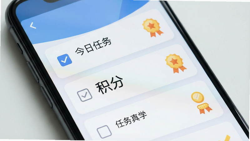 主体为手机屏幕特写,布局展示任务列表界面,排版为卡片式垂直排列,风格扁平化,细节包含勾选框、积分徽章图标,画质清晰,干净,无多余元素,文字“今日任务”、“积分”清晰可见
