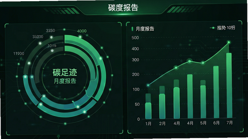 主体为数据可视化仪表盘,布局为环形图与柱状图组合,排版对称平衡,风格科技感与绿色结合,细节包含数据点、趋势线,画质精细,干净,无多余元素,文字“碳足迹”、“月度报告”清晰可见
