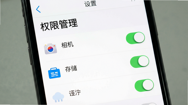 主体为手机设置界面,布局为权限管理列表,排版清晰分行,风格简洁白色背景,细节包含开关按钮、图标,画质清晰,干净,无多余元素,文字“权限管理”、“相机”、“存储”清晰可见
