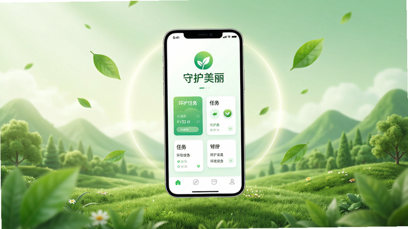 主体为绿色生态环境全景,布局中心是手机应用界面悬浮在空中,界面显示“守护美丽”Logo及环保任务卡片,排版简洁现代,风格清新治愈,细节包含漂浮的绿叶与光晕,画质高清,干净,无多余元素,文字“守护美丽”清晰可见