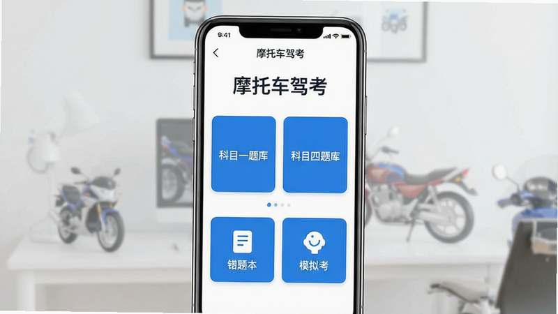 һ�Ÿ�����ֻ�Ӧ�ý���չʾͼ������Ϊ��Ħ�п�֤���䡱APP��ҳ��������Ƽ�����ˬ����ɫ����������ɫ��ɫ����������ʾ��Ħ�г��ݿ������⣬�м��С���Ŀһ��⡱������Ŀ����⡱������ť���·��ǡ����Ȿ���͡�ģ�⿼����ڣ����岼�ֹ����������������޶���װ�Σ�����ִ���ƽ�������ʸ��壬�ɾ�������