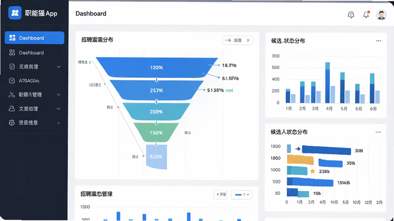 主体为职能猫App的后台管理界面,布局为仪表盘样式,左侧为菜单,右侧为数据图表,风格为科技感蓝白色调,细节展示招聘漏斗图与候选人状态分布,画质高清,干净,无多余元素