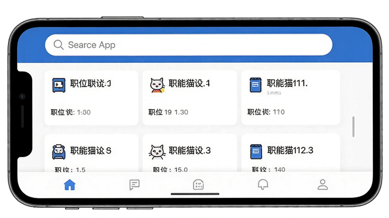 主体为职能猫App的手机界面截图,布局清晰,顶部显示搜索栏,中部展示职位列表卡片,底部导航栏,风格为扁平化商务风,细节包含清晰的文字排版与图标,画质高清,干净,无多余元素