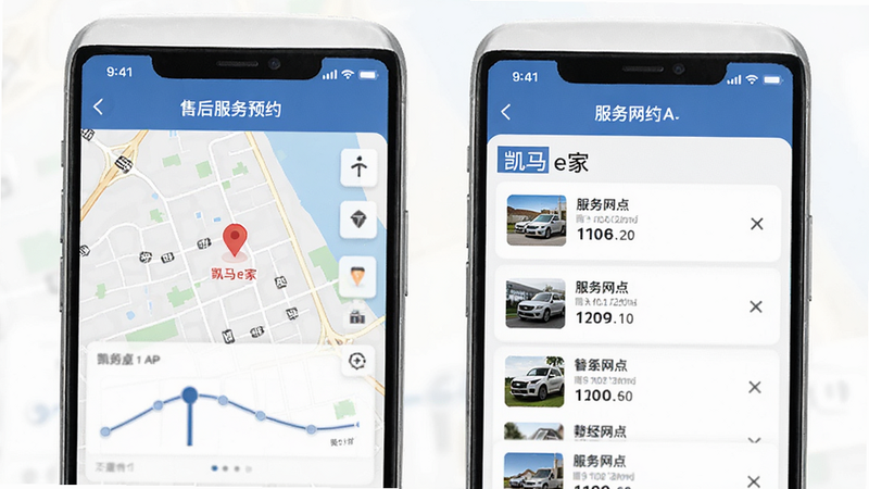 凯马e家APP内的售后服务预约界面,显示地图定位与服务网点列表,布局清晰,排版规整,风格商务简约,细节丰富,高清画质,干净无多余元素