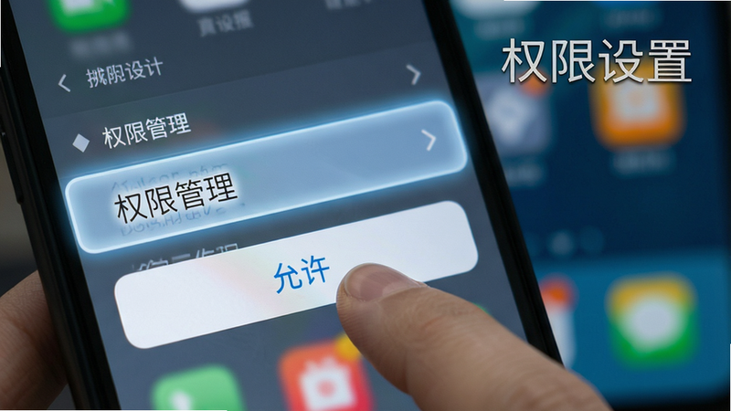 主体为手机设置界面截图,高亮显示“权限管理”选项,手指正在点击“允许”按钮,背景为模糊的手机桌面,风格为写实UI设计,布局清晰,排版规范,细节展现文字高亮效果,画质清晰,干净,文字标注“权限设置”