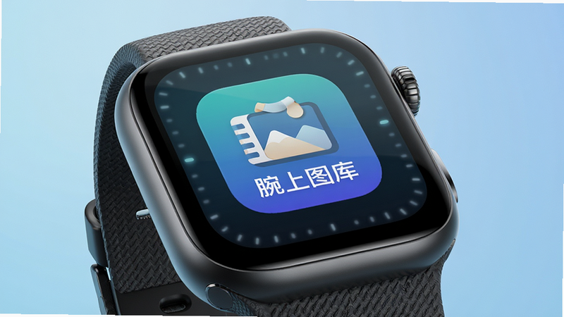 主体为一款现代极简风格的智能手表特写,表盘清晰显示“腕上图库”应用图标,背景为柔和的科技蓝渐变,布局居中,排版干净,风格为高质量3D渲染,细节展现表带纹理与屏幕光泽,画质4K,无多余元素,文字清晰