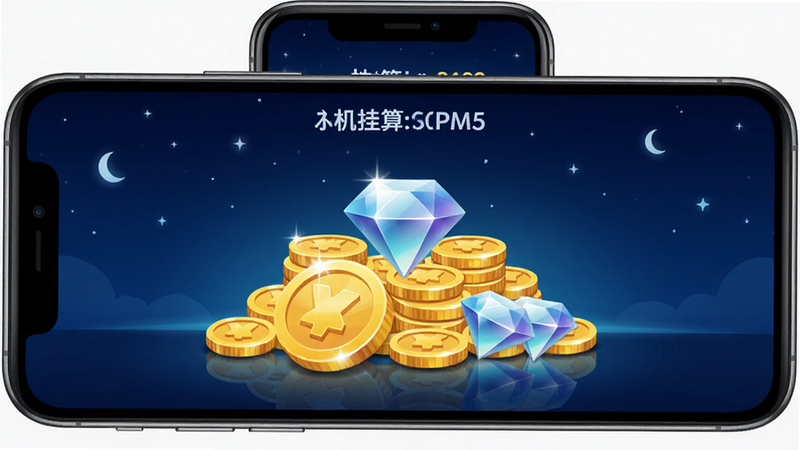 主体为手机屏幕截图风格,显示游戏内的挂机收益结算界面,背景为深蓝色夜空,中央有大大的金币和钻石图标堆积,布局简洁明了,排版居中,风格为现代简约UI,细节处有光泽反射效果,画质高清,干净无杂乱信息