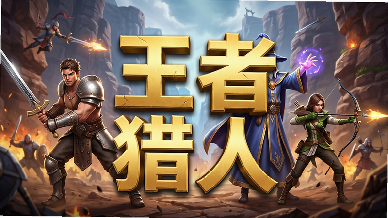 主体为一张高清游戏宣传海报,背景是充满奇幻色彩的峡谷战场,前景中央立着‘王者猎人’四个金色立体大字,周围环绕着几位风格各异的英雄角色,包括持剑的战士、施法的法师和远程射手,整体布局中心对称,排版大气,风格为3D写实渲染,细节丰富,光影效果强烈,画质4K,干净无多余元素