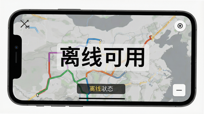 主体为手机屏幕,显示离线地图界面,背景为灰色系地图,线路以彩色线条呈现,布局全屏地图,排版无干扰,风格实用主义,细节为断网图标与离线状态提示,画质清晰,无多余元素,文字“离线可用”显著