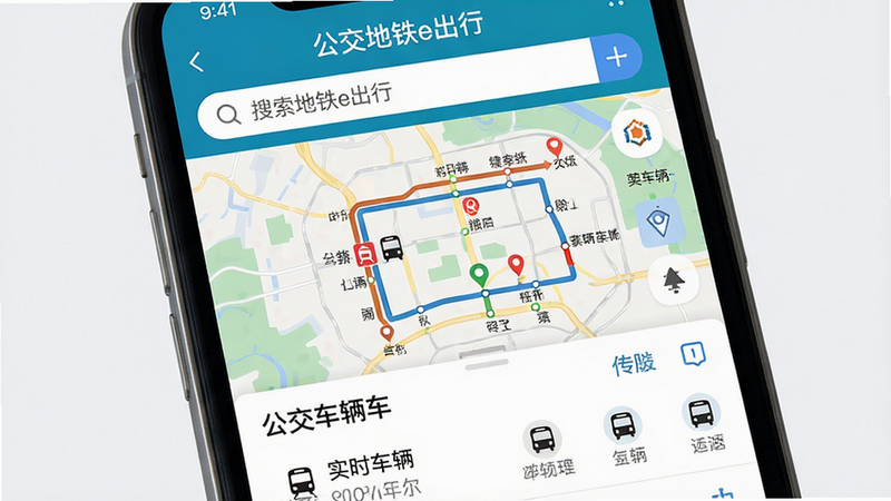主体为手机屏幕特写,屏幕显示“公交地铁e出行”应用界面,布局清晰,上方为搜索栏,中间为地图路线规划区域,下方为实时车辆位置列表,风格为现代扁平化UI设计,细节包括清晰的地铁线路图标和公交站点标记,画质高清,干净,无多余元素,文字“公交地铁e出行”清晰可见