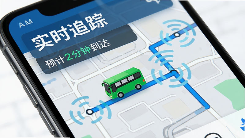 主体为手机屏幕,显示实时公交追踪界面,地图上有一条蓝色路线轨迹,一个绿色公交车图标正在移动,旁边显示“预计2分钟到达”,布局紧凑,排版整洁,风格科技感,细节为GPS信号波纹效果,画质清晰,无杂物,文字“实时追踪”醒目
