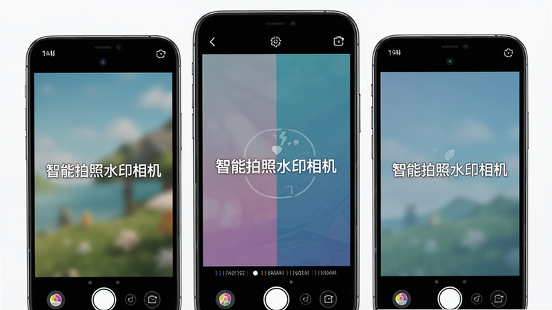 主体为多个手机屏幕并排展示,分别显示“智能拍照水印相机”的不同水印效果,布局对比鲜明,排版整齐,风格科技感强,细节清晰,画质超清,干净,无多余元素