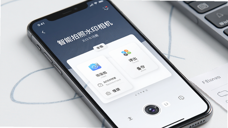主体为手机界面,显示“智能拍照水印相机”的导出与备份功能模块,布局简洁,排版有序,风格商务风,细节精致,画质高清,干净,无多余元素