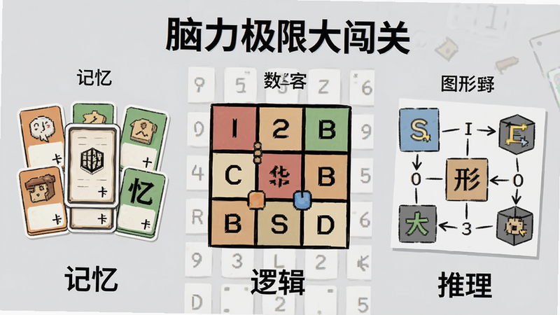 展示“脑力极限大闯关”中多种谜题类型的拼接图,左侧为记忆卡片,中间为数字华容道,右侧为图形推理题。布局为三列并排,背景为浅灰色,风格简洁现代,细节清晰,突出每个谜题的独特性,画质清晰,无多余装饰,文字标签“记忆”、“逻辑”、“推理”分别对应各区域。