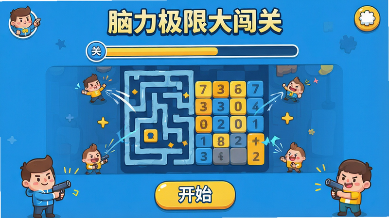 主体为一款名为“脑力极限大闯关”的手机游戏界面预览图,布局采用居中对称式,顶部显示关卡进度条,中部展示一个充满挑战性的逻辑谜题场景,如迷宫或数字方块,底部设有清晰的开始按钮。风格为扁平化卡通设计,色彩明亮活泼,以蓝色和黄色为主色调,细节丰富,包含可爱的角色图标和动态效果,画质高清,干净无多余元素,文字“脑力极限大闯关”加粗显示在顶部中央。