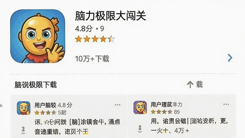 展示应用商店中“脑力极限大闯关”的详情页截图,包含评分星星、下载量数字和用户评论预览,布局为标准商店样式,风格简洁,细节真实,文字“4.8分”、“10万+下载”清晰可见,画质高清,无广告横幅。