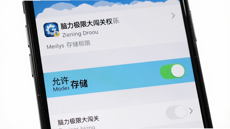 展示手机设置界面中关于“脑力极限大闯关”的权限管理页面,布局为列表式,高亮显示存储权限开关,风格为iOS/Android混合风格,细节清晰,文字“允许存储”加粗,画质清晰,无多余弹窗,背景为白色。