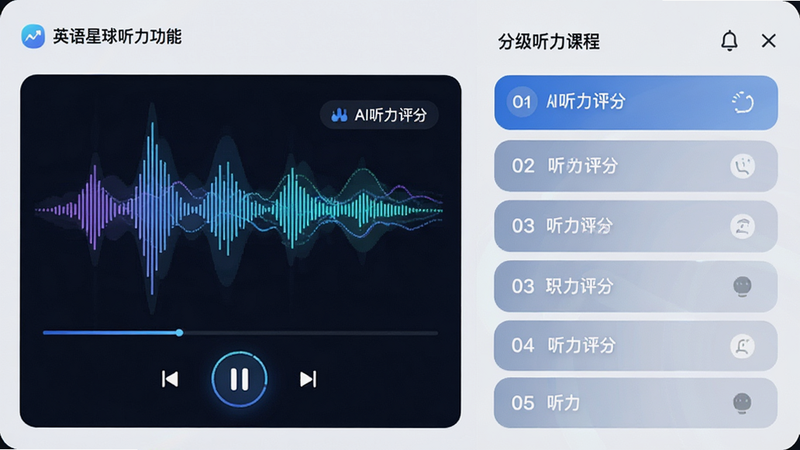 主体为英语星球听力功能界面,左侧显示音频波形图和播放控制按钮,右侧列出分级听力课程列表,风格科技感与现代感结合,细节展示音频波动的动态效果,文字标注“AI听力评分”,布局左右分栏,画质清晰,干净无杂物