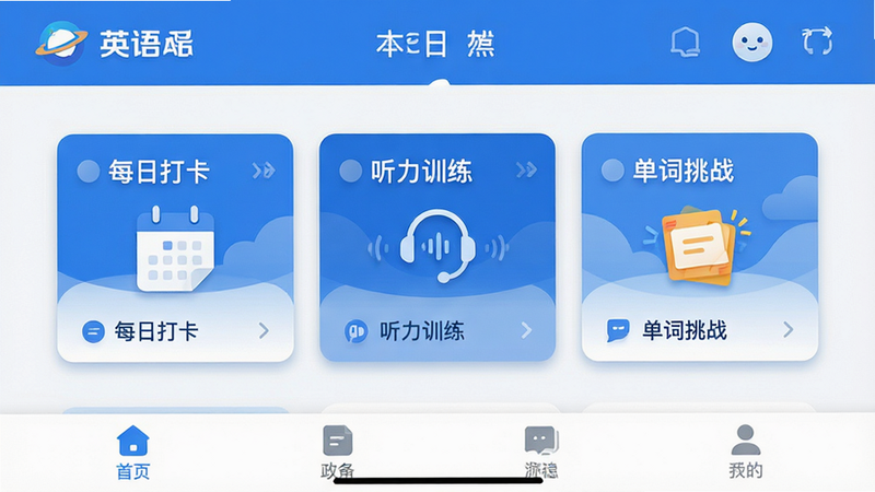 主体为英语星球App的主界面截图,布局采用扁平化设计,顶部显示品牌Logo和导航栏,中间区域展示“每日打卡”、“听力训练”、“单词挑战”三个核心功能模块卡片,底部为清晰的Tab导航栏,风格清新简约,主色调为蓝色和白色,细节处包含柔和的阴影效果,文字清晰可读,画质高清,干净无多余元素