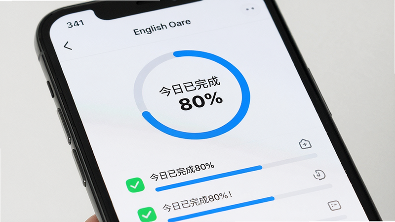 主体为手机屏幕特写,显示英语星球App的“学习进度”页面,界面中央是一个圆形的进度环,显示“今日已完成80%”,下方列出具体学习任务清单,风格简洁现代,细节包含绿色对勾图标和蓝色进度条,文字清晰,布局居中,画质高清,干净无杂物