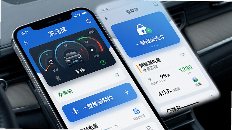 一张展示凯马e家APP主界面的高清UI设计图,主体为手机屏幕,布局清晰展示车辆状态仪表盘、一键维保预约入口、新能源电量监控模块。风格为现代极简商务风,色调以科技蓝和白色为主,细节处体现光影质感,画面干净无多余元素,4k高清画质