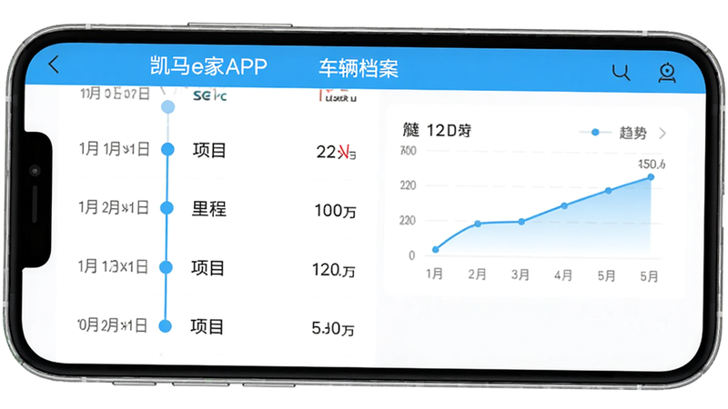 凯马e家APP内的车辆档案页面示意图,主体为手机界面,布局展示时间轴形式的保养记录列表,包含日期、项目、里程数等字段。排版整齐,风格为扁平化设计,细节显示数据图表化趋势,画质清晰,无杂色,干净背景