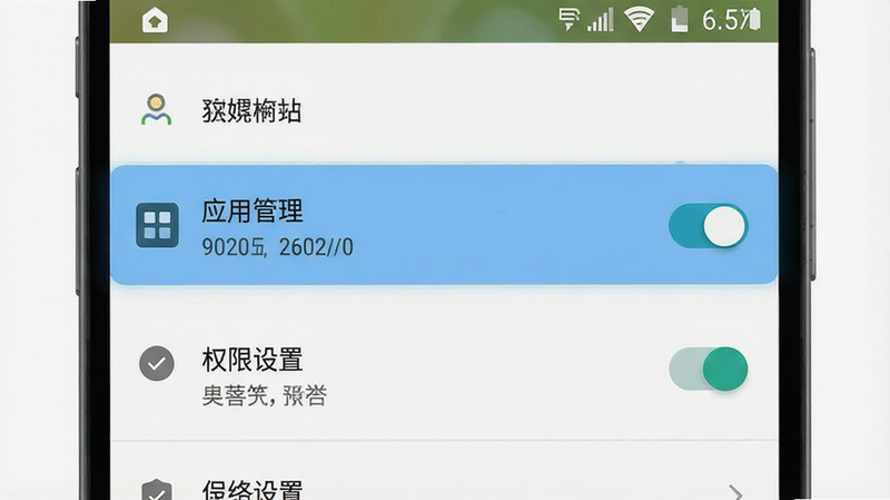 手机设置界面示意图,主体为安卓系统设置菜单,布局高亮显示“应用管理”和“权限设置”选项。风格为系统原生UI,细节显示开关按钮状态,画面清晰,无水印,简洁背景