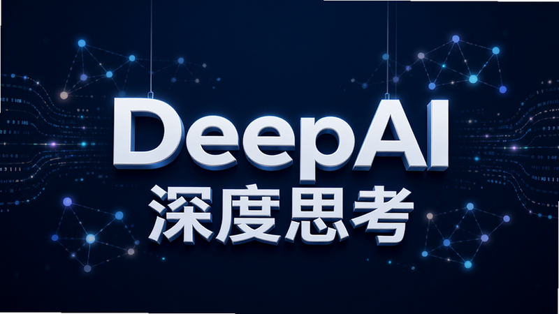 主体为深蓝色科技风格背景,中央悬浮着“DeepAI深度思考”的白色立体Logo,周围环绕着抽象的数据流线条和节点网络图,布局对称平衡,排版简洁现代,风格为赛博朋克与商务科技结合,细节处有微弱的光晕效果,画质4k高清,干净,无多余元素