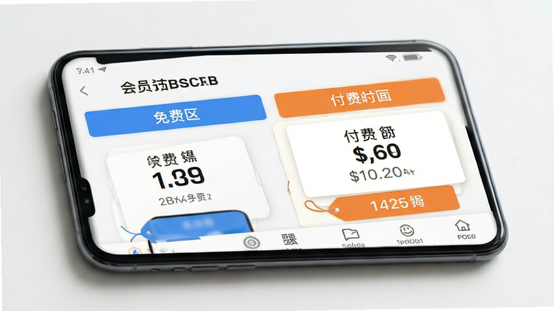 手机界面显示会员订阅页面,分为免费区和付费区,价格标签清晰,背景为白色,风格简洁明了,细节精致,画质高清,干净,无多余元素