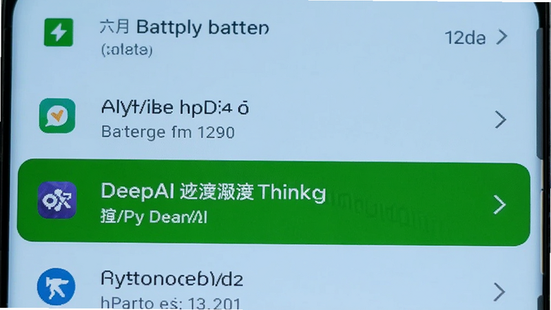 手机设置界面截图,显示电池优化列表,DeepAI深度思考被高亮选中,背景为浅蓝色,风格清晰直观,细节准确,画质高清,干净,无多余元素