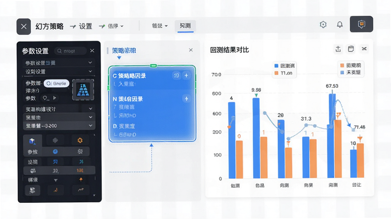 “幻方”APP策略构建模块的示意图,主体为拖拽式的策略编辑器界面,布局展示参数设置面板与回测结果对比柱状图,排版清晰,风格极简商务,细节突出高亮选中的策略因子,画质高清,干净无多余元素