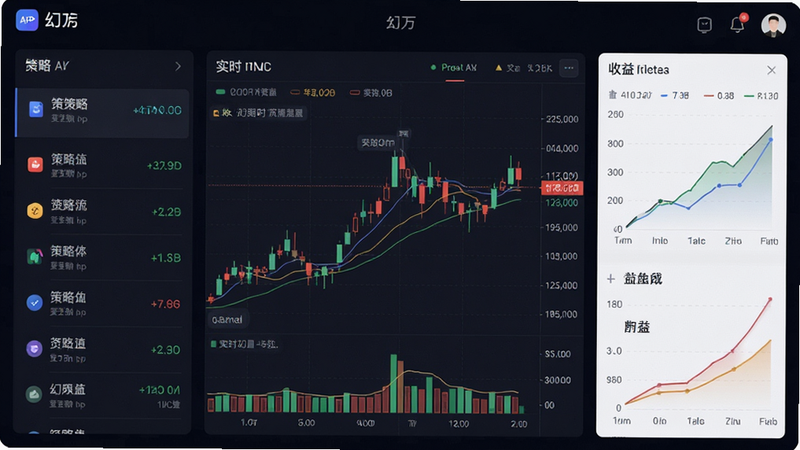 一张展示“幻方”APP核心界面的高清截图,主体为深色背景的金融数据仪表盘,布局包含左侧策略列表、中间实时K线图表与右侧收益曲线,排版整洁现代,风格科技感强,细节显示数字清晰,画质4K,干净无多余元素