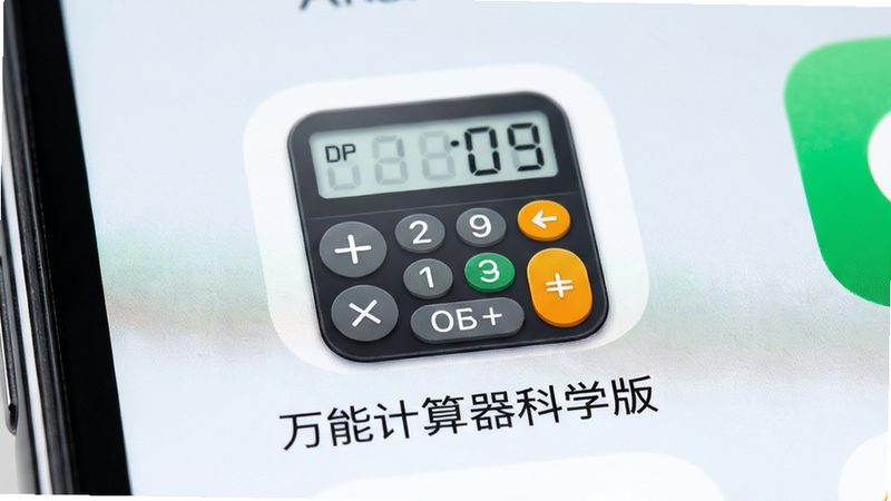 展示手机桌面上“万能计算器科学版”的应用图标,布局为居中特写,排版简洁,风格清新,细节体现图标的光影质感,画质高清,干净背景
