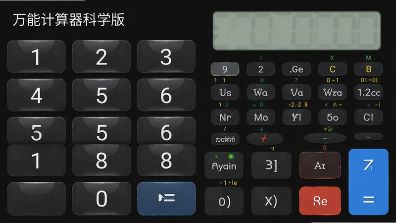 主体为“万能计算器科学版”安卓应用界面截图,布局采用深色模式,左侧为数字键盘区,右侧为科学函数区,排版整齐,风格简约现代,细节清晰展示按键高光效果,画质高清,干净无多余元素