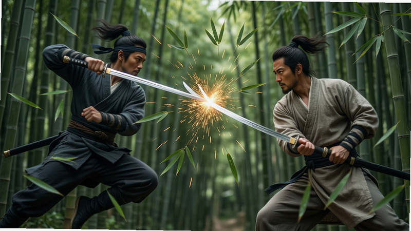 主体为两名侠客在竹林中对战的画面,布局动态捕捉瞬间,排版充满张力,风格为高速摄影般的动作定格,细节展示剑刃碰撞产生的火花与竹叶飞舞的效果,画质极高,干净,无多余元素