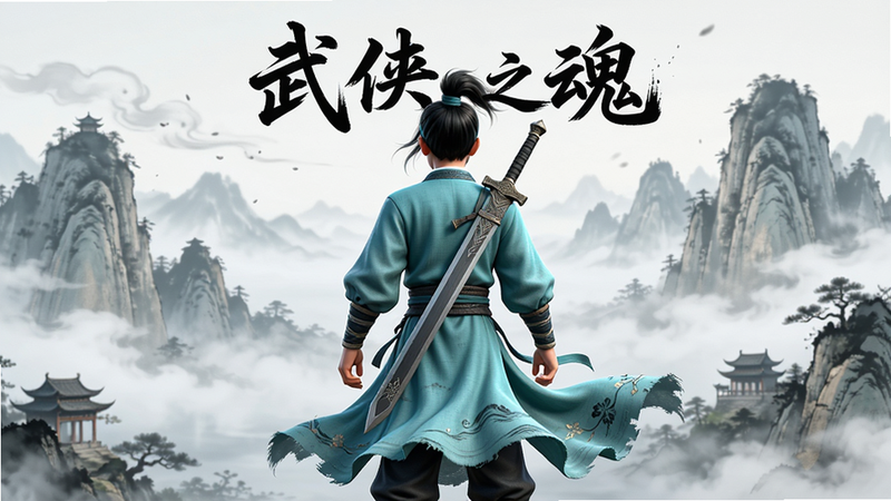 主体为《武侠之魂》游戏主界面,布局居中展示一名身着青色长袍、背负长剑的少年侠客背影,排版简洁大气,风格为高精度中国水墨3D渲染,细节展现衣角随风飘动的质感与远处云雾缭绕的山水背景,画质4k,干净,无多余元素