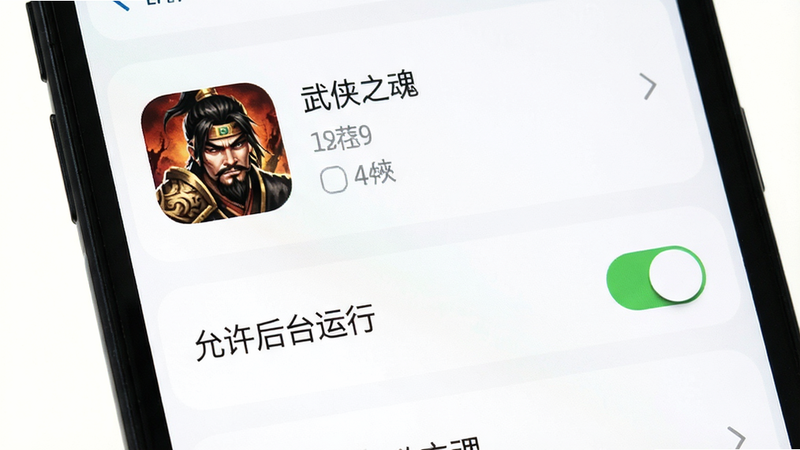 主体为手机设置界面截图,布局聚焦于应用管理页面,排版清晰,风格为极简UI设计,细节展示《武侠之魂》图标及“允许后台运行”开关状态,画质清晰,干净,无多余元素